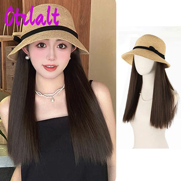 Summer Synthetic Hat wigs Cap with Hair Black Wavy Wig Connect Synthetic Wigs for Women Daily Use High Temperature Hair