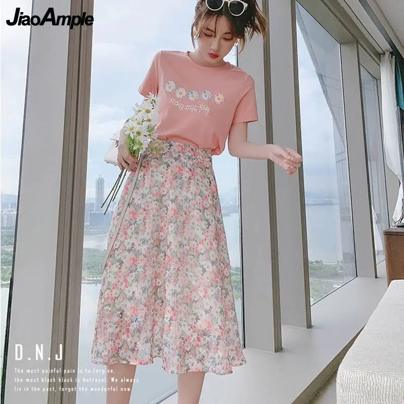 2024 Summer New Girls Sweet Daisy T-shirt Skirts Sets Women Leisure Print Floral Clothing Student Fashion Pink Slimming Dresses