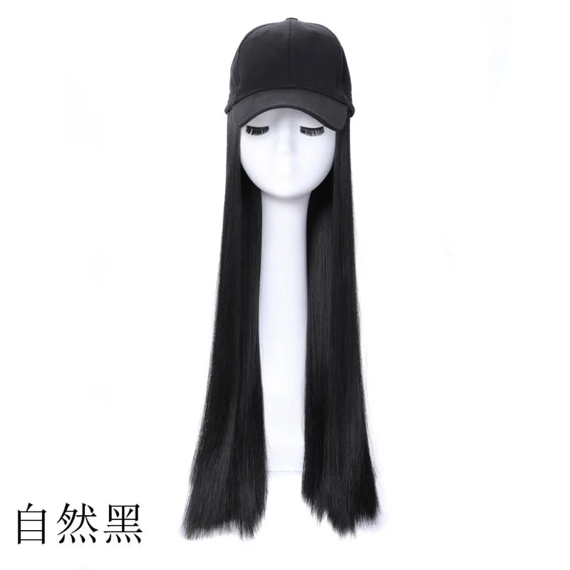 Synthetic Wig Fashionable One-piece Matte Silk Natural Long Straight Hair Baseball Cap Hood Hat Black Brown Ladies Daily Wear