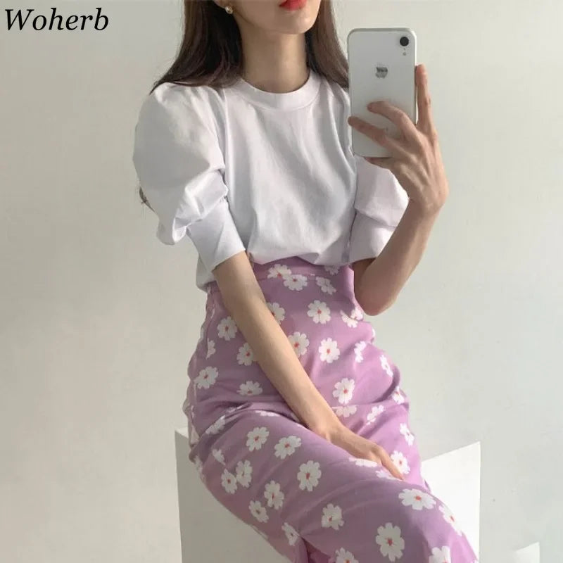 Woherb Korean Elegant 2 Pieces Set Women Solid Puff Sleeve T-shirt + High Waist Floral Pencil Skirts Ladies Chic Outfits Suit