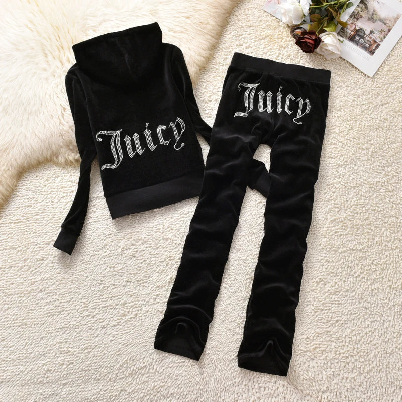 2024 Juicy Lovers Brand New Fashion Women Sporting Suits Velvet Diamonds Jogging Casual Tracksuits Hooded Collar Sportswear suit