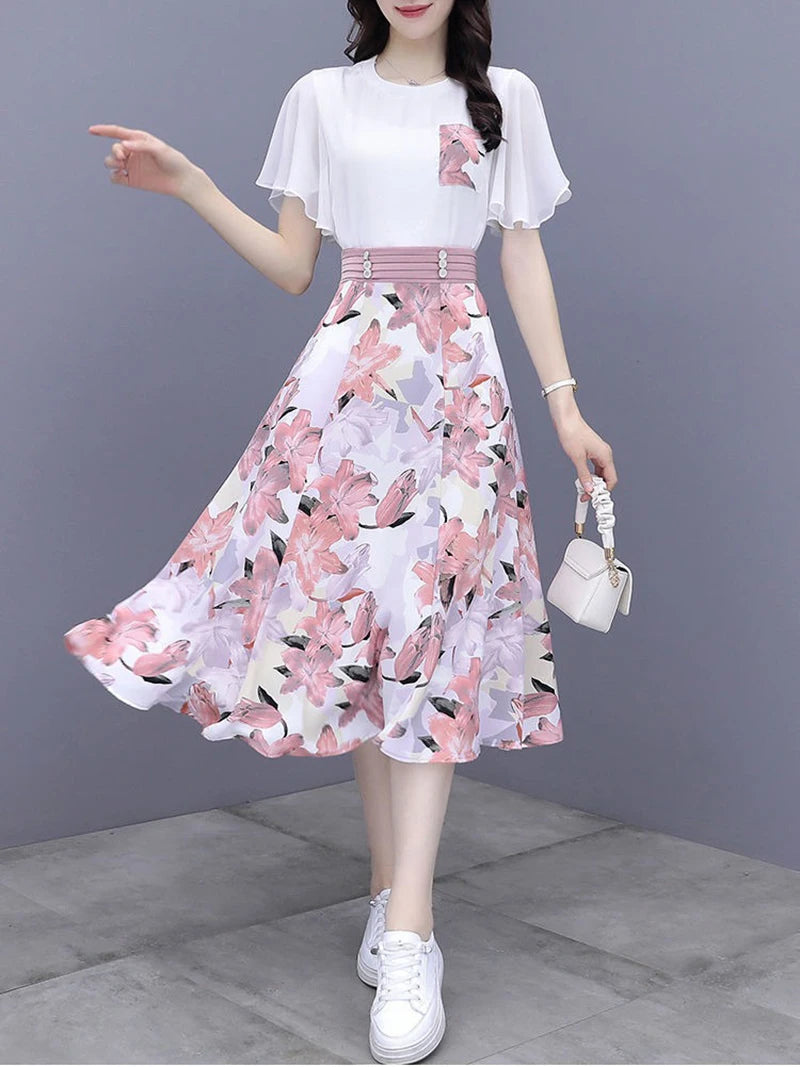 Women's Suits Summer 2022 New Fashion Casual Slim Temperament Floral T-shirts Skirts Female Two Piece Sets SJ431