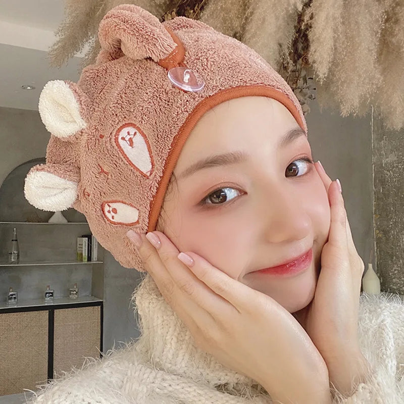 Cartoon Dry Hair Towel Cap Coral Fleece Shower Cap Absorbent Quick-Drying Turban Thickened Women Children Cute Dry Hair Towel