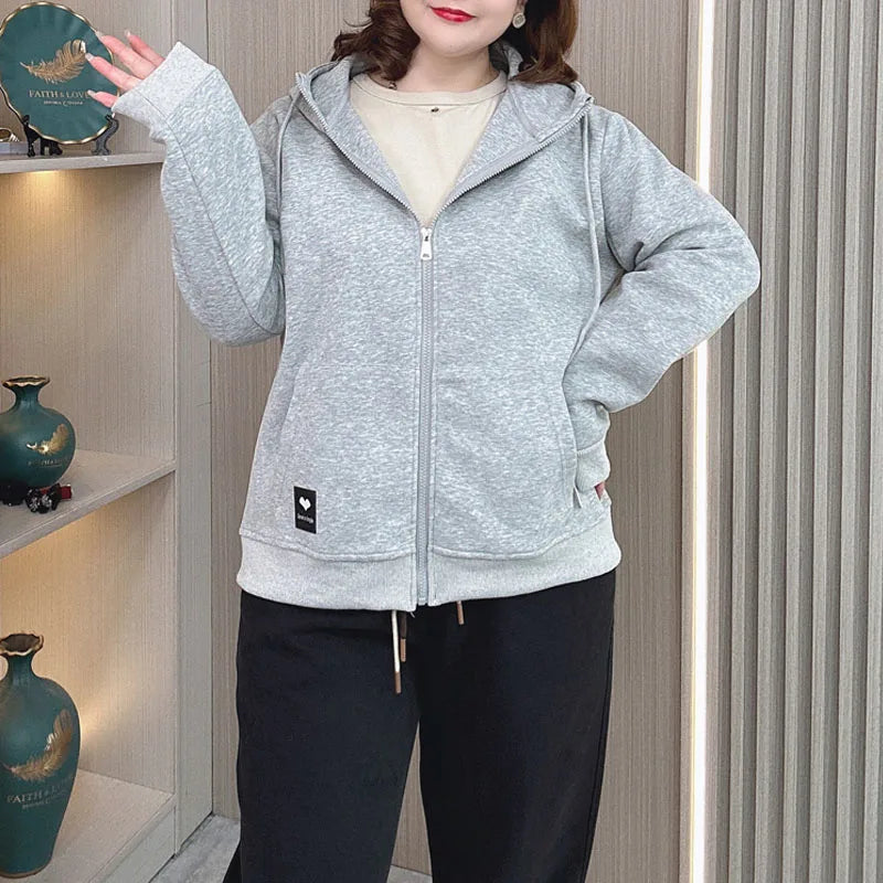 Fall Sports Casual Coat Women 2024 New Plus Size Loose Hooded Sweatshirt Love Label Casual Zip-Up Hoodie 8540