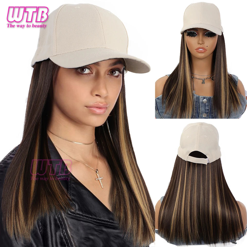 WTB Baseball cap wig Synthetic Wigs Hat Long Straight Hair Wigs For Women connect Hat One Piece Wig Hat adjustable