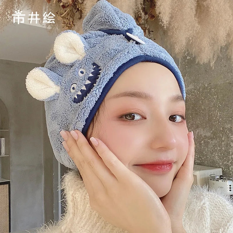 Cartoon Dry Hair Towel Cap Coral Fleece Shower Cap Absorbent Quick-Drying Turban Thickened Women Children Cute Dry Hair Towel