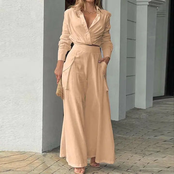 Women's Pant Sets Solid Temperament Commuting 2- Piece Set Fashion Clothes Summer Sexy Outfit Shirt Tops+loose Wide-leg Pants