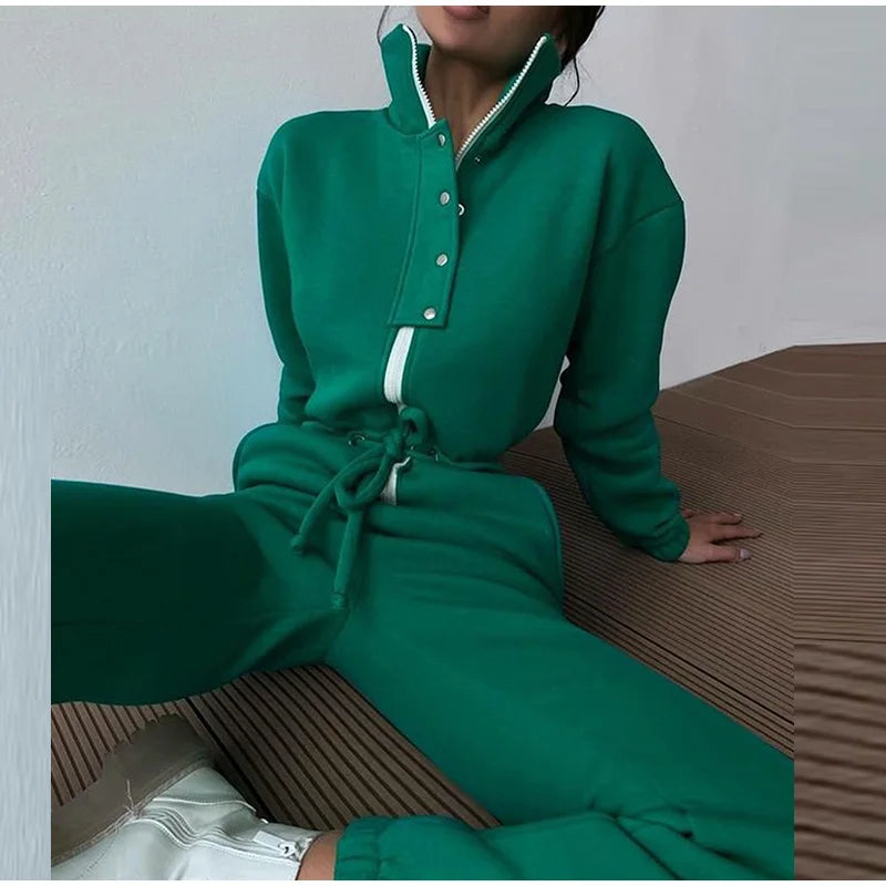 Casual Stand Collar Jumpsuits Women Autumn Winter Zipper One Piece Long Sleeve Outfit Solid Loose Drawstring Rompers Tracksuits