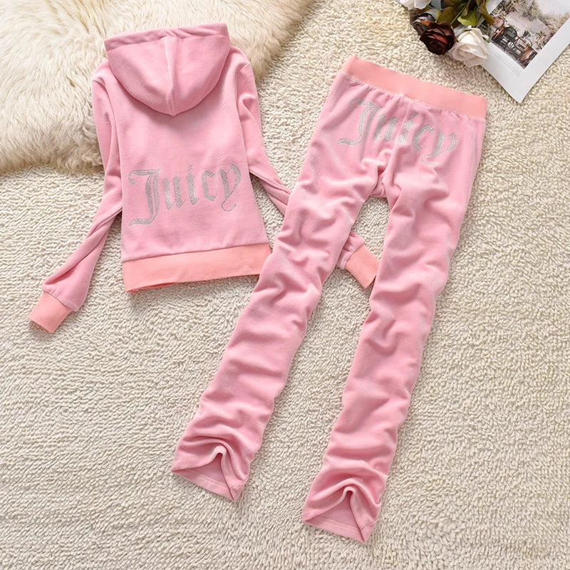 2024 Juicy Lovers Brand New Fashion Women Sporting Suits Velvet Diamonds Jogging Casual Tracksuits Hooded Collar Sportswear suit