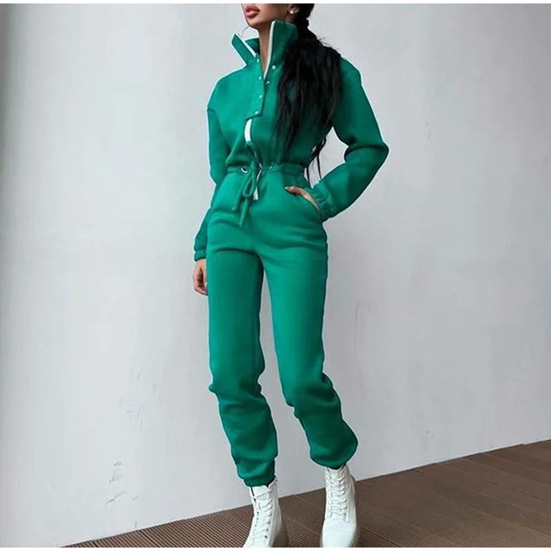 Casual Stand Collar Jumpsuits Women Autumn Winter Zipper One Piece Long Sleeve Outfit Solid Loose Drawstring Rompers Tracksuits