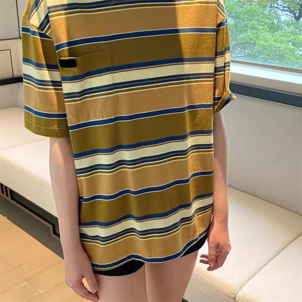 2024 women Stripe Short T-shirt Round Neck Green Colour embroidery T Shit letter Clothing Summer Runway Streetwear Elegant Knit